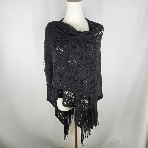 Black Butterfly Shawl Wrap Black Floral Lace Knit Fringe Boho OS - Picture 6 of 8